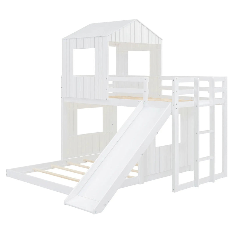 Loft Bunk Bed With Playhouse, Farmhouse, Ladder, Slide And Guardrails by HouseOfZazla