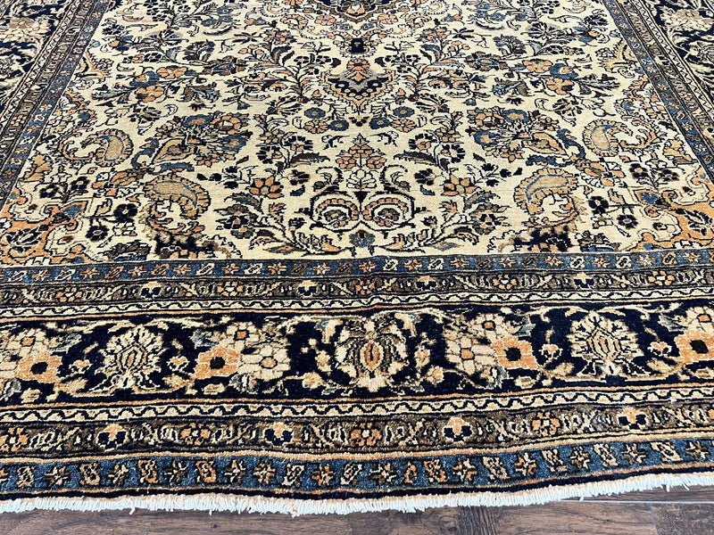 Antique Persian Rug 9x11, Wool Handmade 1920s Oriental Carpet, Persian Hamadan Anjelas Rug, Cream Black, Floral Allover Oriental Rug 9 x 11 Room Sized Rug by Jewel Rugs