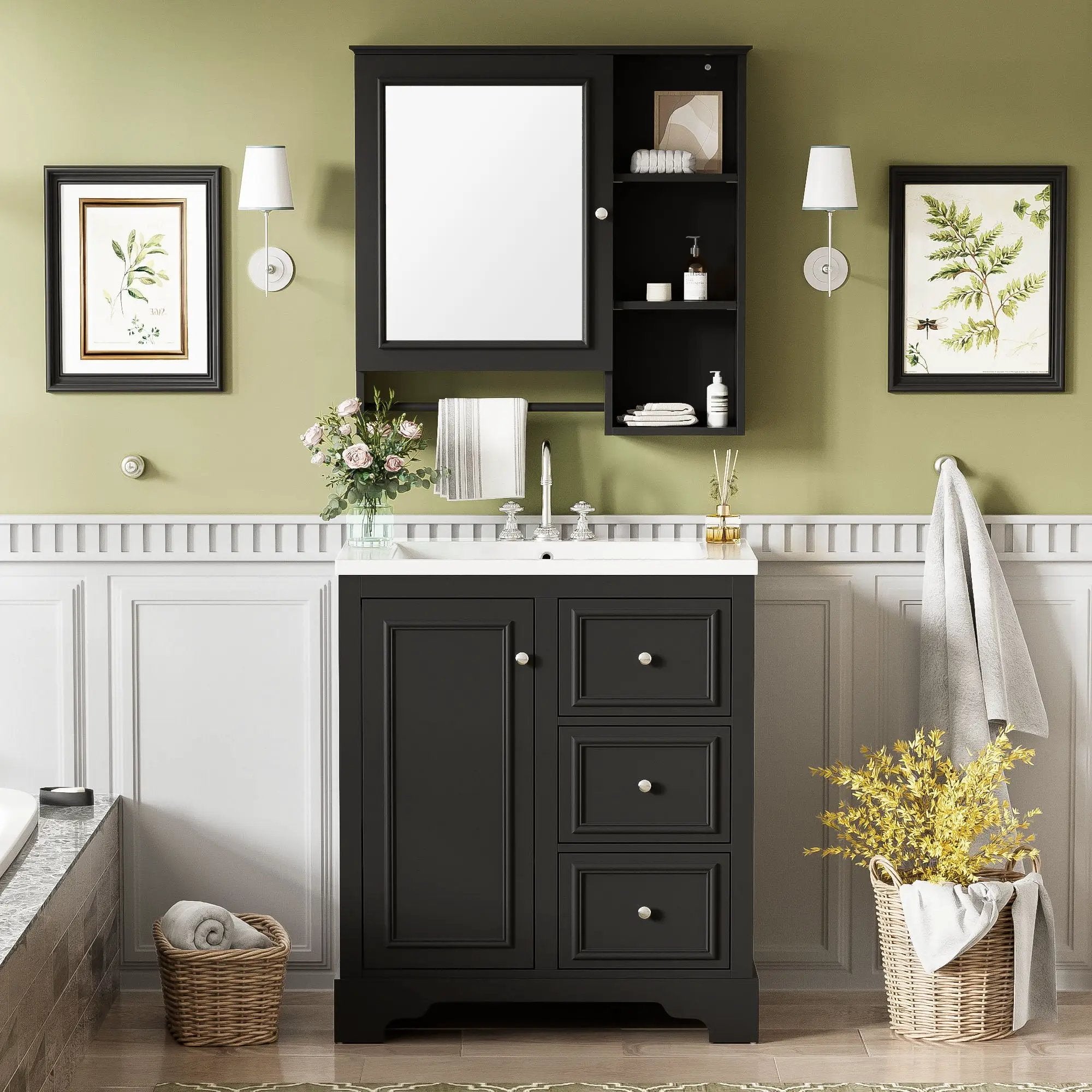 Bathroom Vanity With Sink, Modern Elegant Bathroom Storage Cabinet With 3 Drawers And Adjustable Shelves, Freestanding Vanity Set With Mirror Cabinet, Single Sink Bathroom Vanity by HouseOfZazla