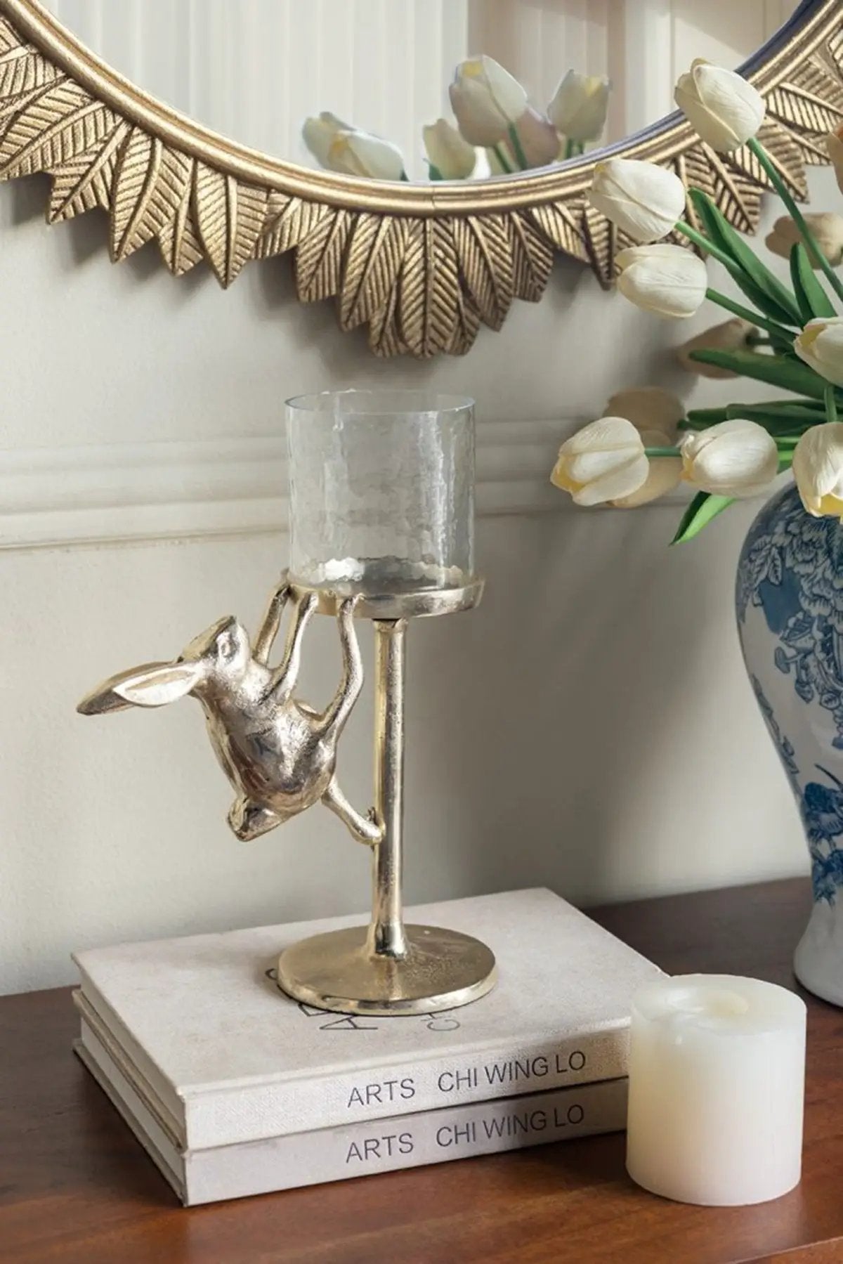 7.9x4x11' Gold Rabbit Pillar Candle Holder with Clear Glass Hurricane Shade by HouseOfZazla