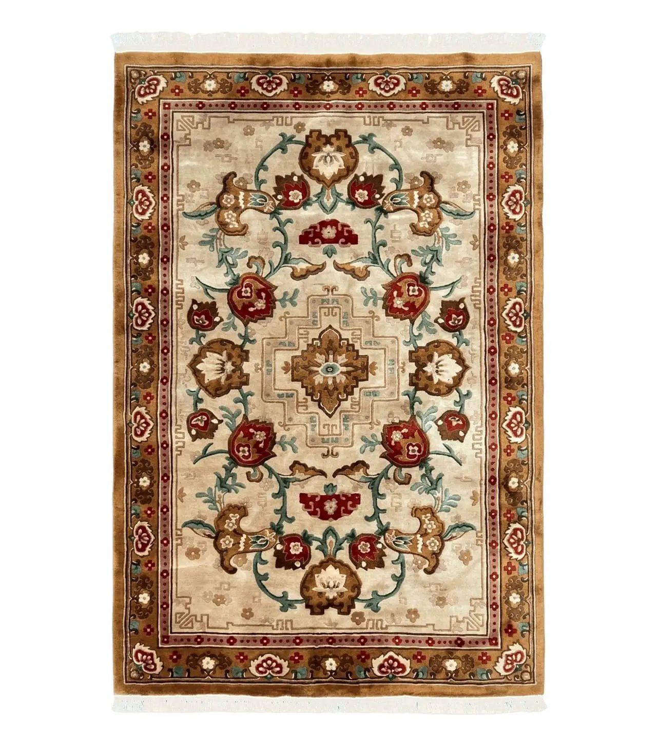 Chinese Wool Rug 5.9 x 9, Tan and Brown Asian Art Deco Carpet, Vintage 1960s Oriental Rug, Hand-Knotted Rug, Soft Wool, Medallion, Pair B by Jewel Rugs