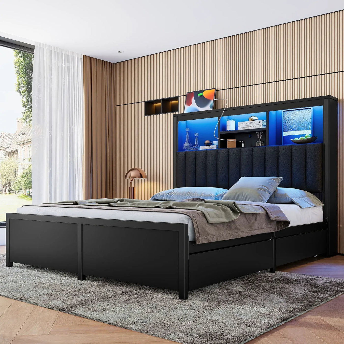 Bed Frame With High Storage Headboard, LED Light And Charging Station, 4 Storage Drawers by Unique Piece Furniture