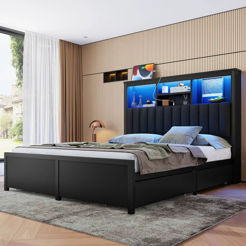Bed Frame With High Storage Headboard, LED Light And Charging Station, 4 Storage Drawers by Unique Piece Furniture