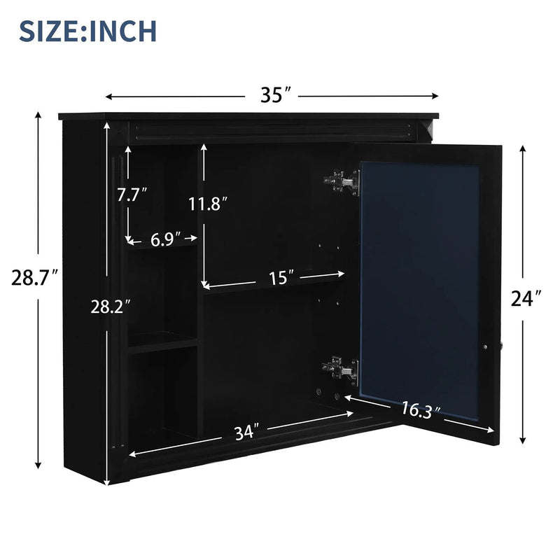 Wall-Mounted Bathroom Storage Cabinet With Mirror, 6 Open Shelves - Black by Unique Piece Furniture