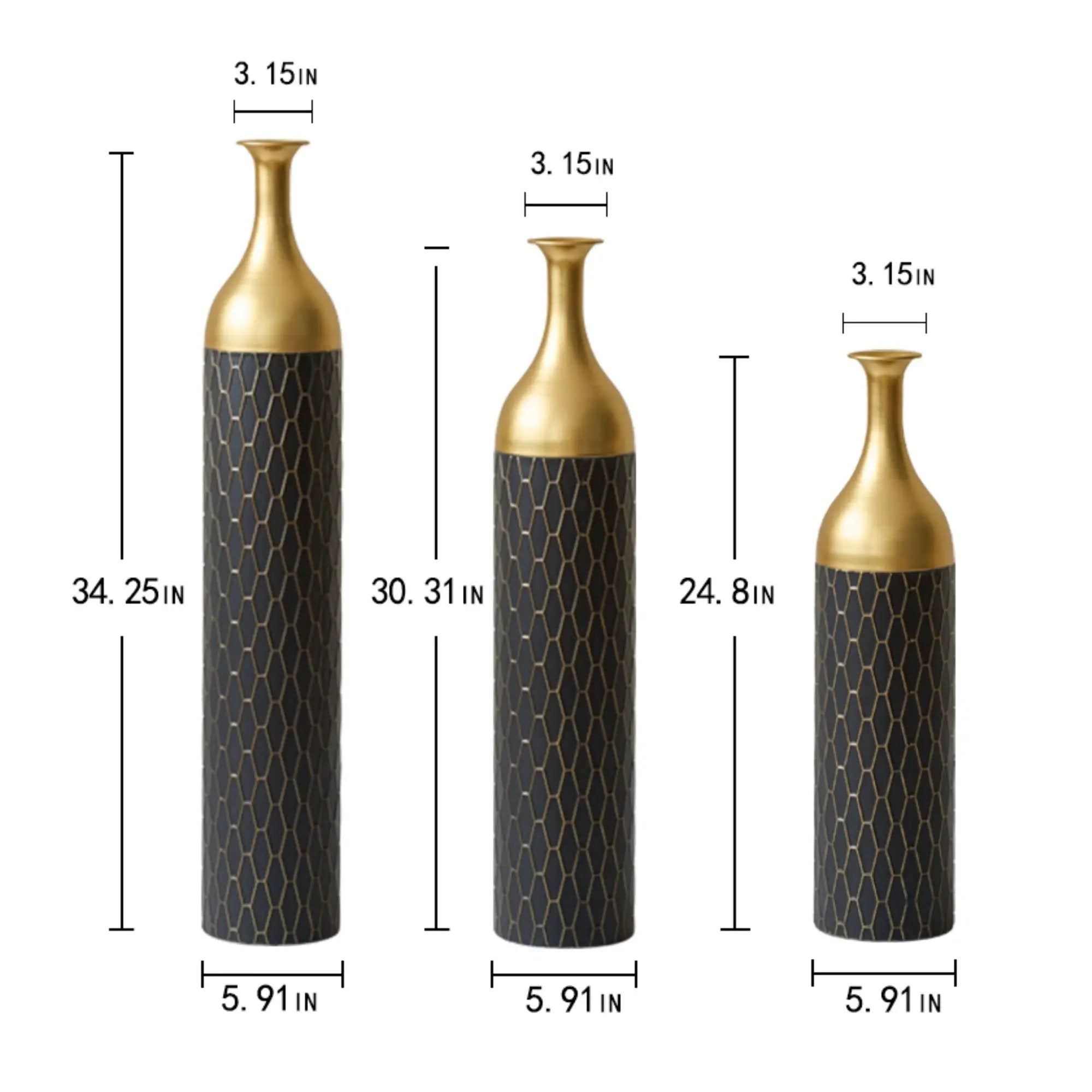 Elegant Floor Vase Set Metal Decorative Vases 3 Piece Set For Floral Display, Wedding & Gift Decor - Gold / Black by HouseOfZazla