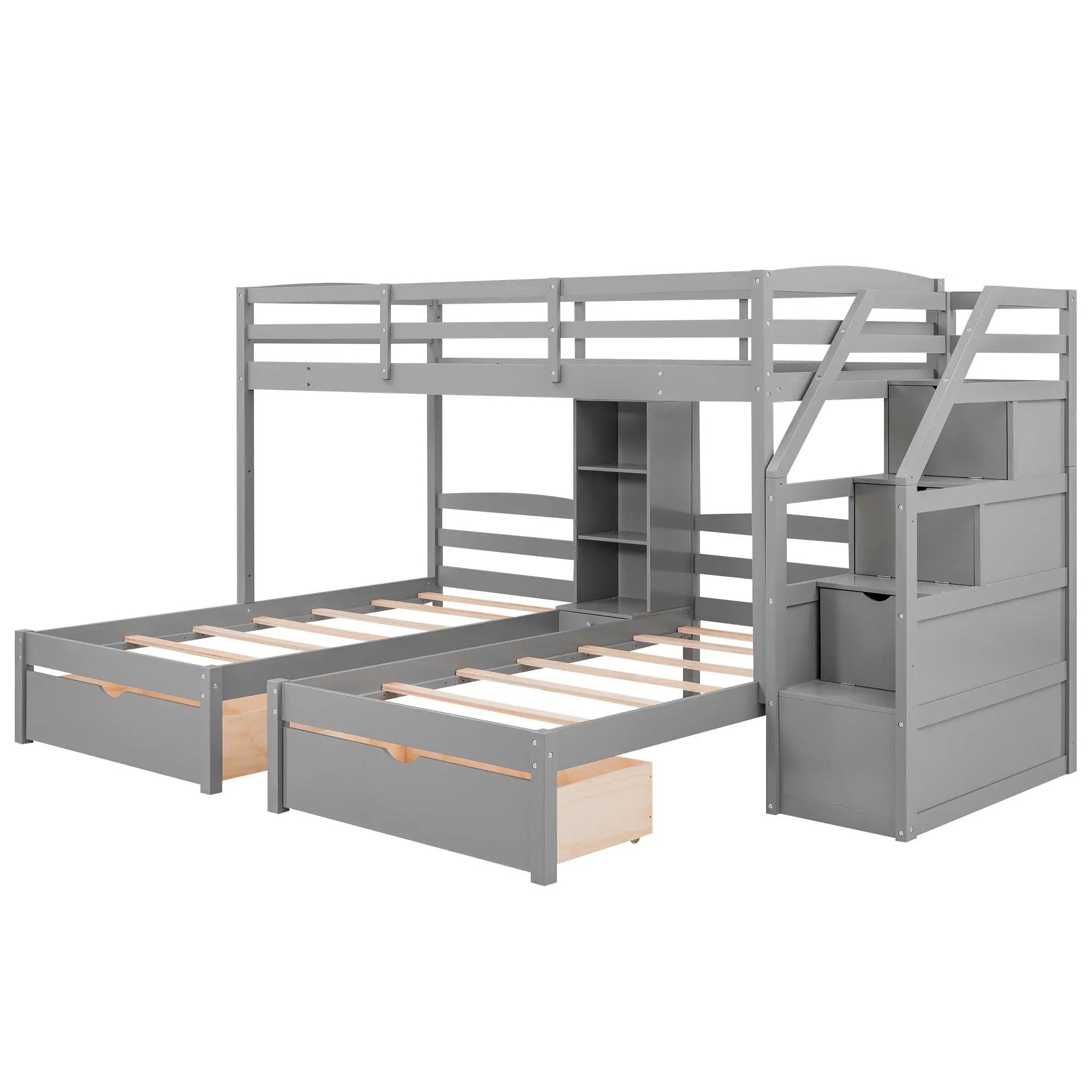Twin Over Twin & Twin Bunk Bed With Drawers, Staircase Storage, Built In Shelves - Gray by Unique Piece Furniture