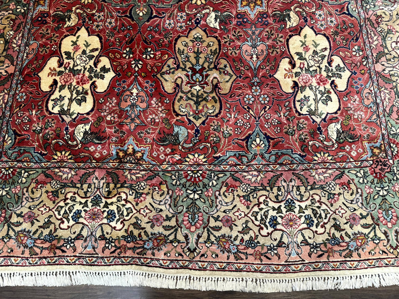 Antique Tabriz Persian Rug 7x10, Red Cream Tan, Unique Design, Fine 270 KPSI, Birds, Floral by Jewel Rugs