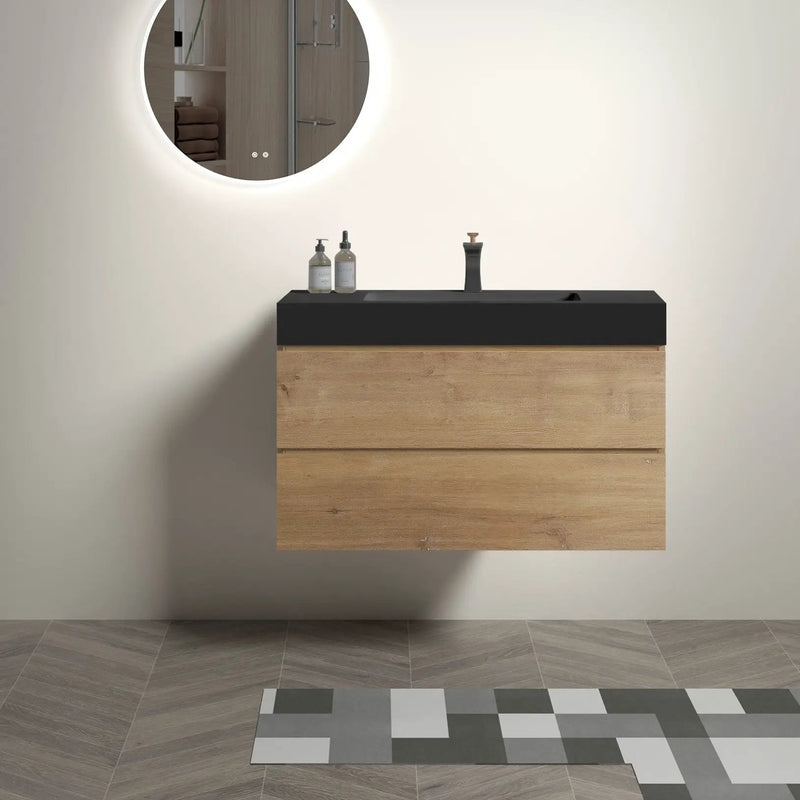 Alice - Natural Oak Bathroom Vanity With Sink, Large Storage Wall Mounted Floating Bathroom Vanity For Modern Bathroom, One-Piece Sink Basin Without Drain by Unique Piece Furniture