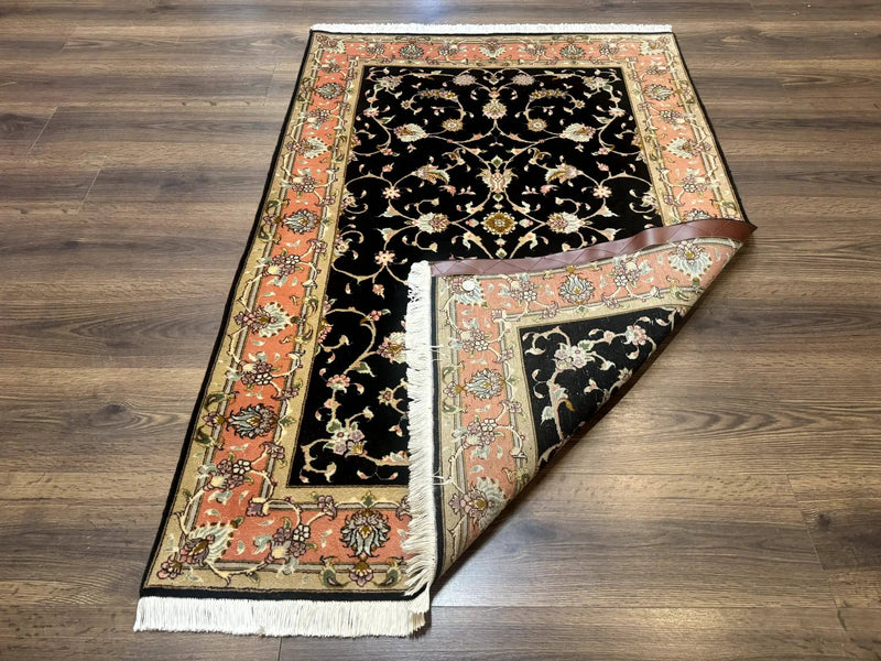 Persian Tabriz Rug 3x5 Black and Salmon Floral Fine Handmade 360 KPSI by Jewel Rugs