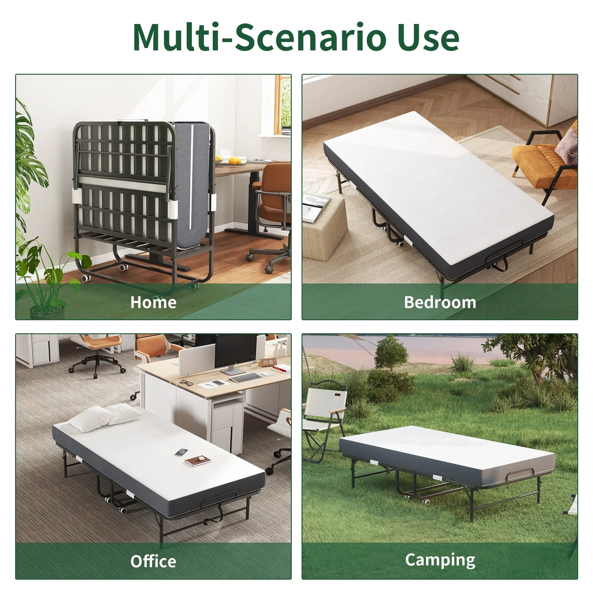 Twin Extra Long Folding Bed For Tall People, Heavy-Duty Rollaway Guest With Memory Foam Mattress - Black by Unique Piece Furniture