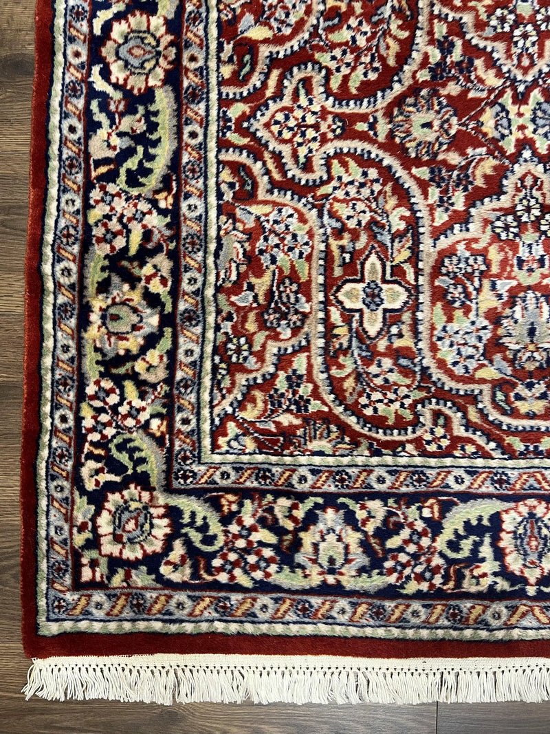 Indo Persian Rug 4x7, Allover Floral Oriental Carpet, Red and Navy Blue, Hand Knotted Indian Kashmiri Traditional Vintage Area Rug 4 x 7 ft by Jewel Rugs