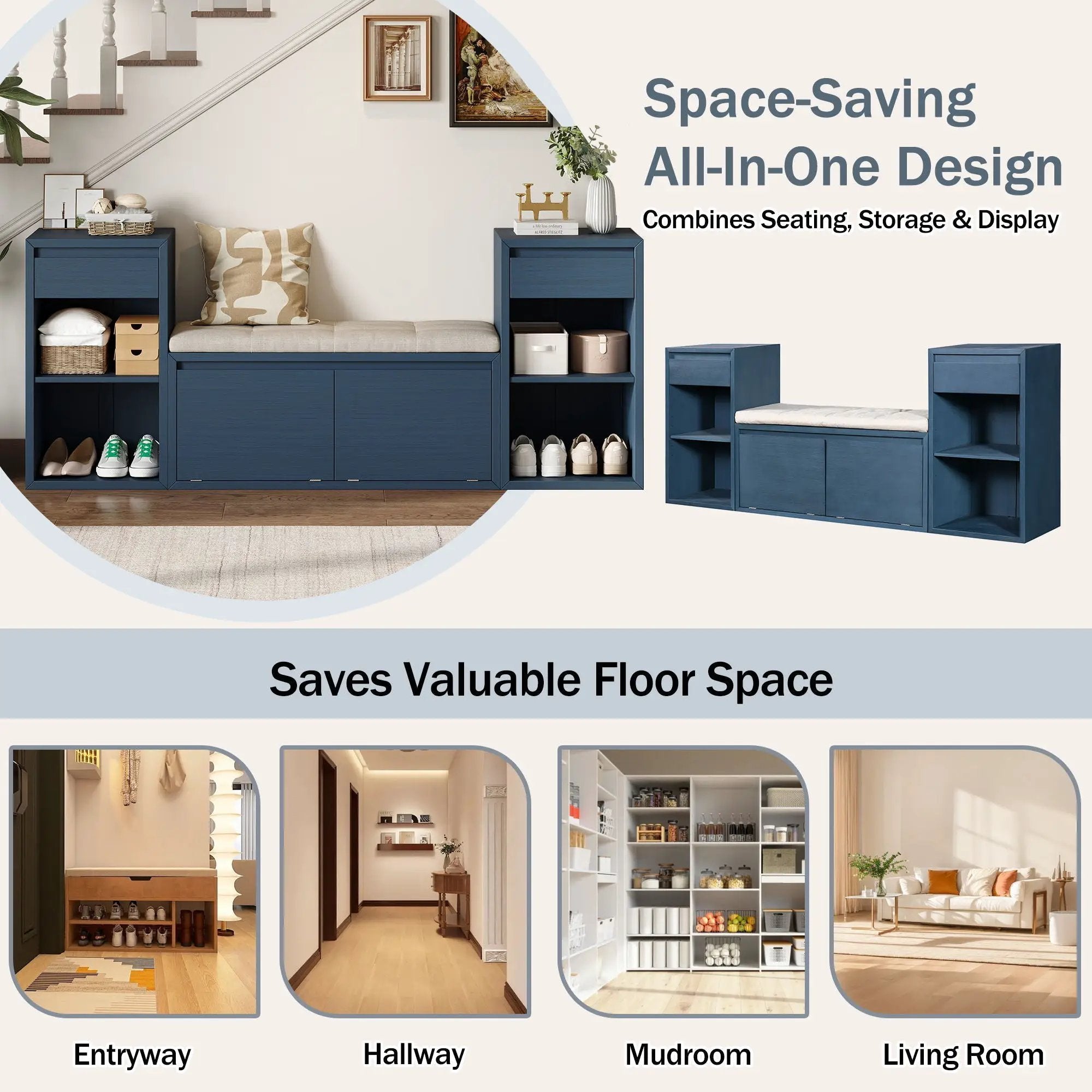 Entryway Storage Bench With Cushion, Drawers & Open Shelves