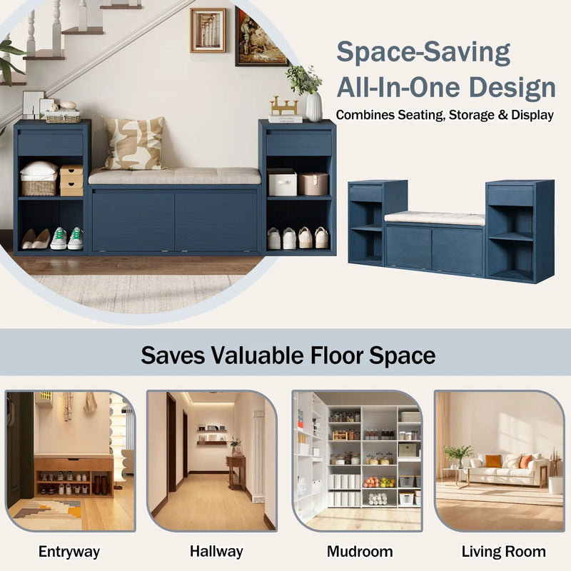 Entryway Storage Bench With Cushion, Drawers & Open Shelves
