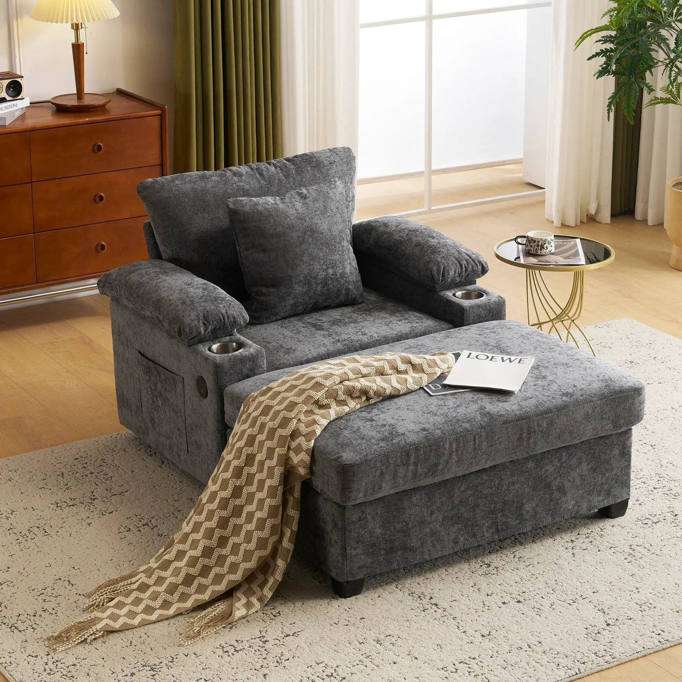 Modern Oversized Chair With Ottoman, Cupholders And USB Charging Ports by Unique Piece Furniture