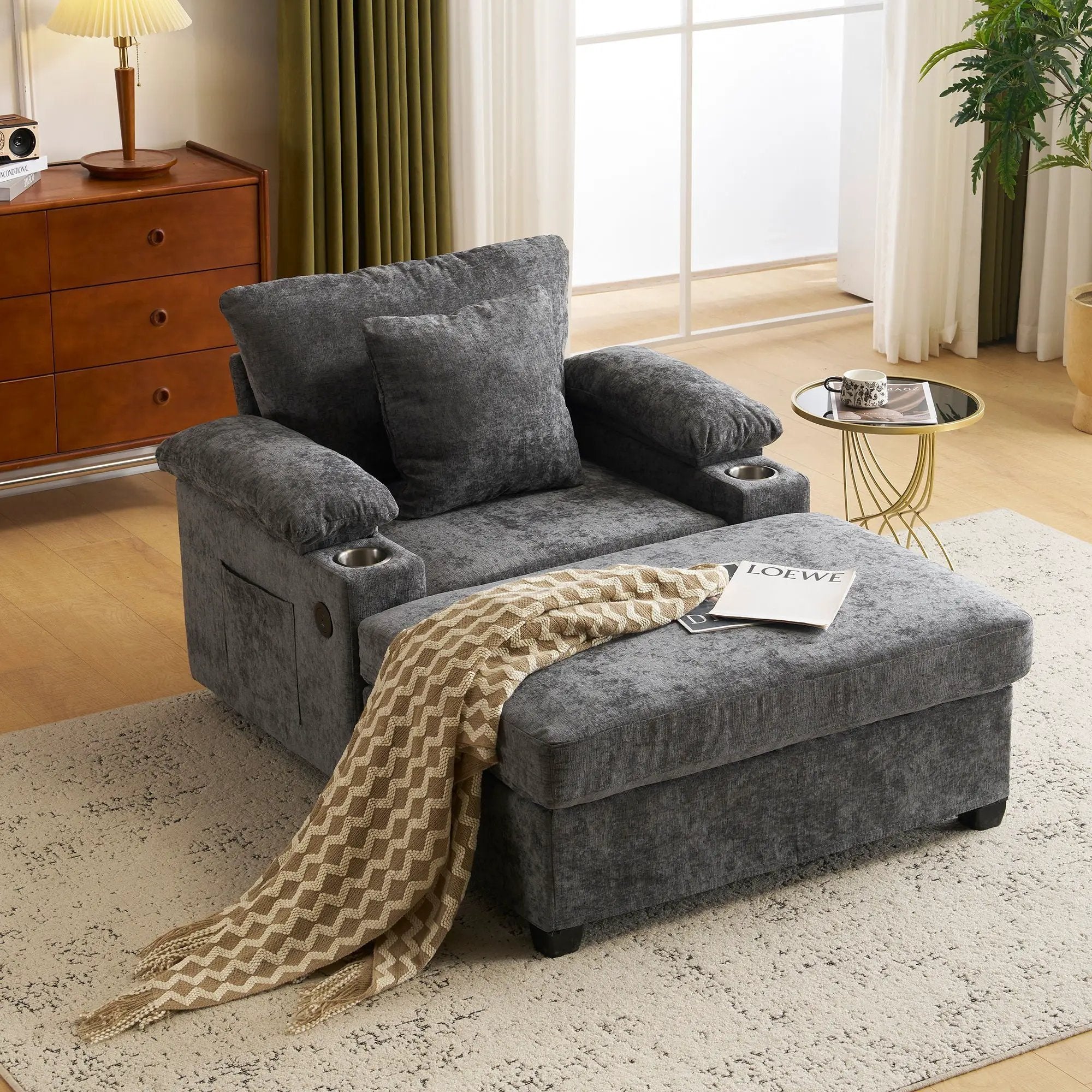 Modern Oversized Chair With Ottoman, Cupholders And USB Charging Ports by Unique Piece Furniture