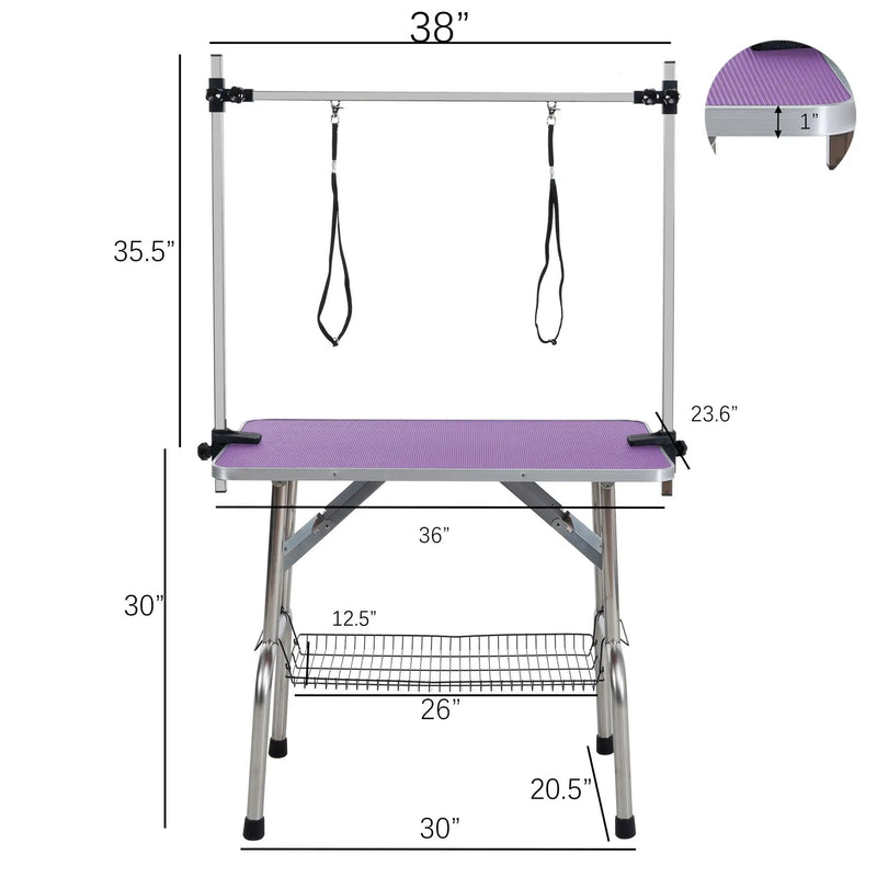 Folding Dog Pet Grooming Table Stainless Steel Frame Rubber Mat On Board With Adjustable Arm And Clamps Pet Dog Cat Grooming Table by HouseOfZazla