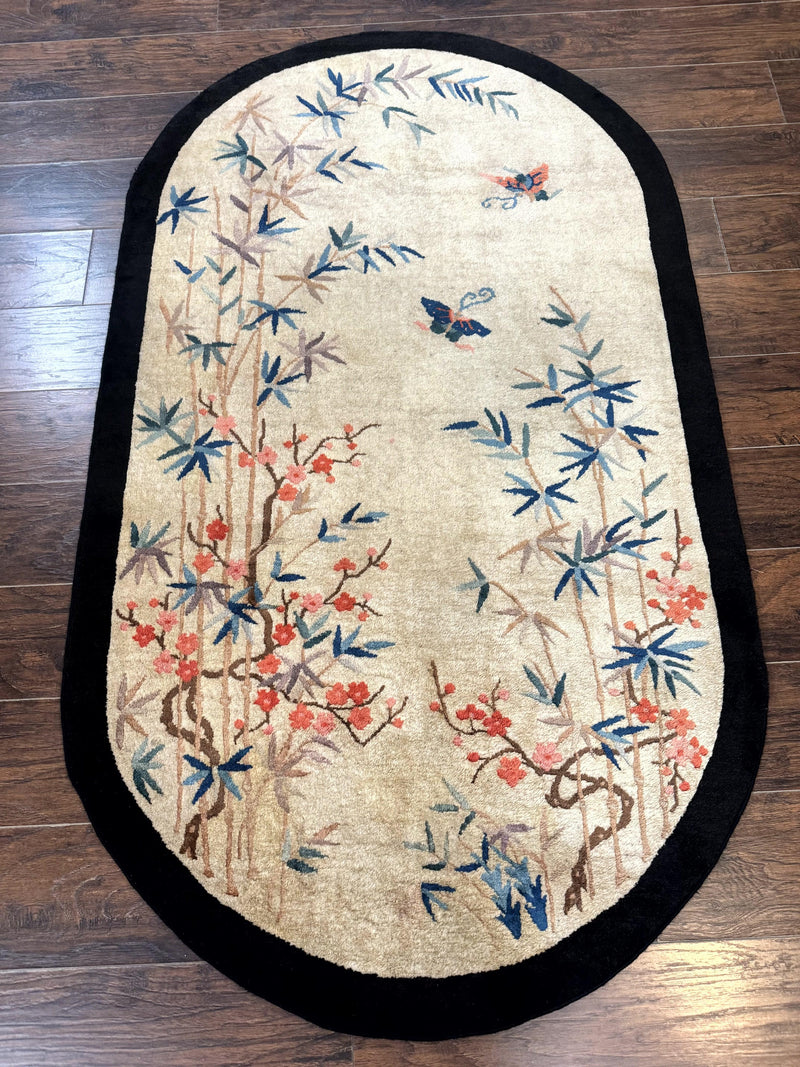 Antique Chinese Oval Rug 3.9 x 6.7, Floral, Butterflies, Chinese Wool Art Deco Peking Carpet, Beige, Handmade by Jewel Rugs