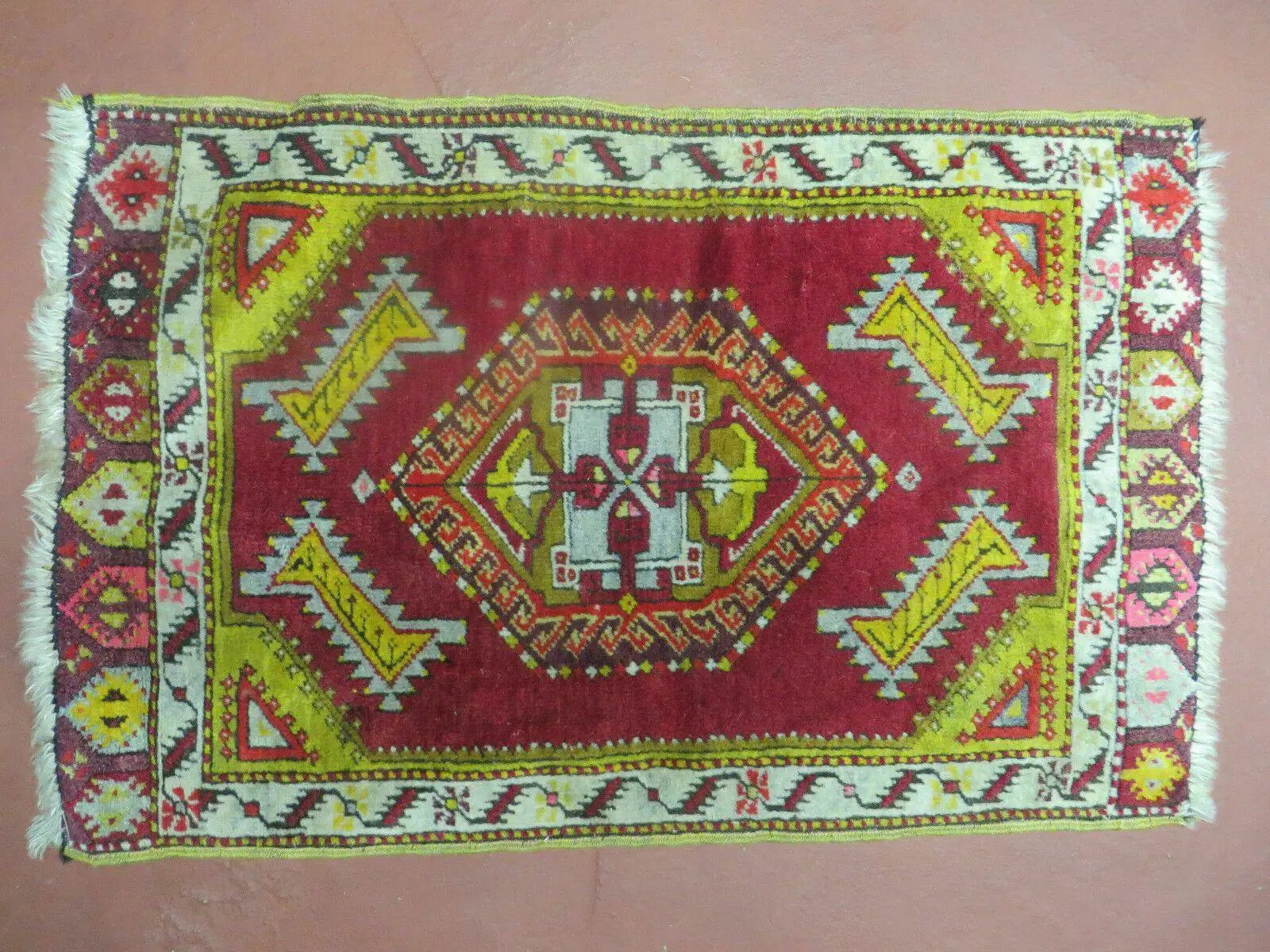 Antique Turkish Yastik Rug 2x3, Handmade Wool Oushak Small Oriental Carpet Red by Jewel Rugs