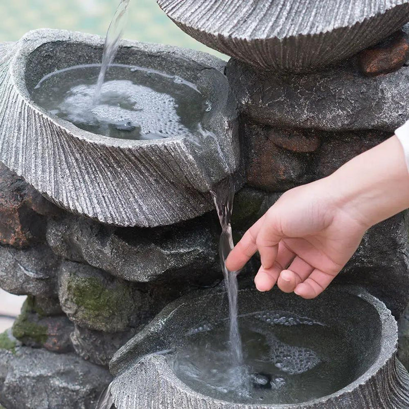 Indoor Outdoor Stone Water Fountain, 4 Tier Polyresin Cascading Rock Bowl Freestanding Fountain With LED Ligh - Gray by Unique Piece Furniture