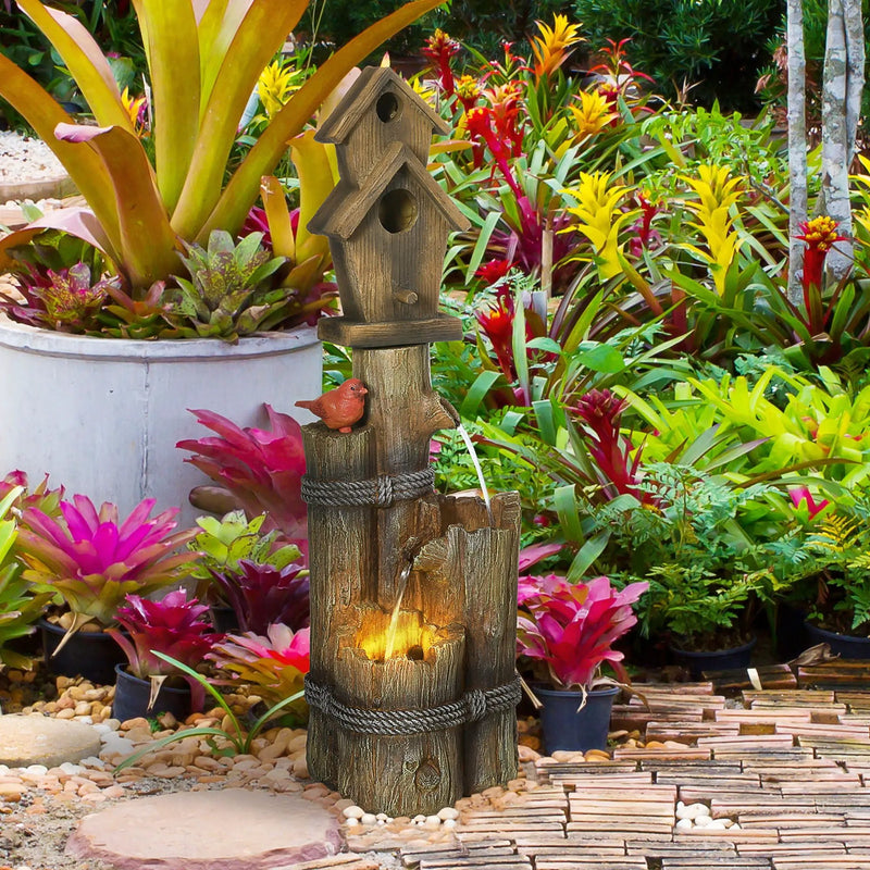Outsunny - Outdoor Fountain With Birdhouse, Cascading Garden Waterfall Bird Bath With 3 Tier Rustic Tree Trunk / Log Design, LED Lights For Porch, Deck, Yard Decor - Brown by Unique Piece Furniture