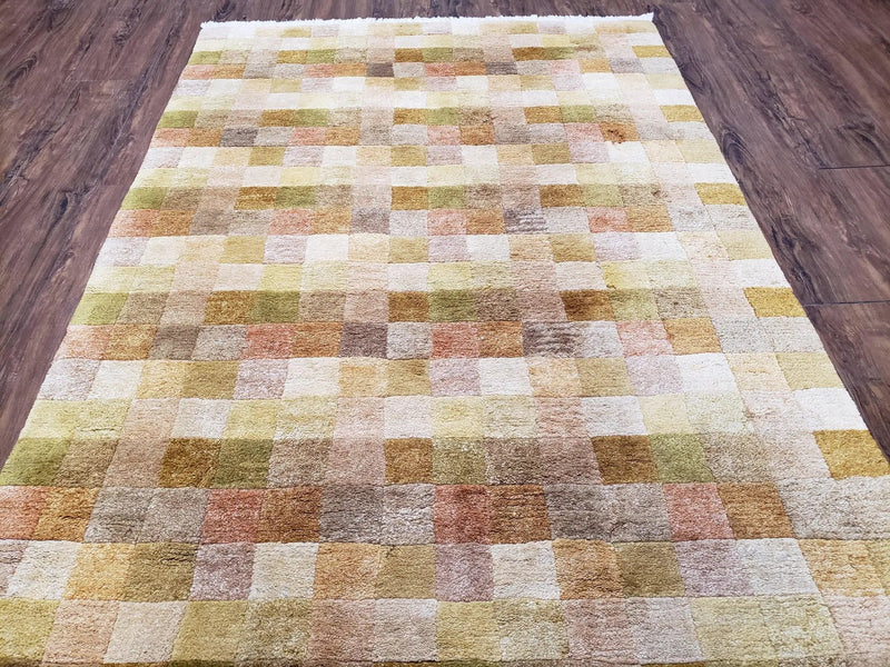 4x6 Tibetan Rug, Modern Abstract Handmade Area Rug, Checkerboard Pattern, Neutral Ivory Gold Tan Colors, Soft Pile, Mid Sized Rug, Nepali by Jewel Rugs