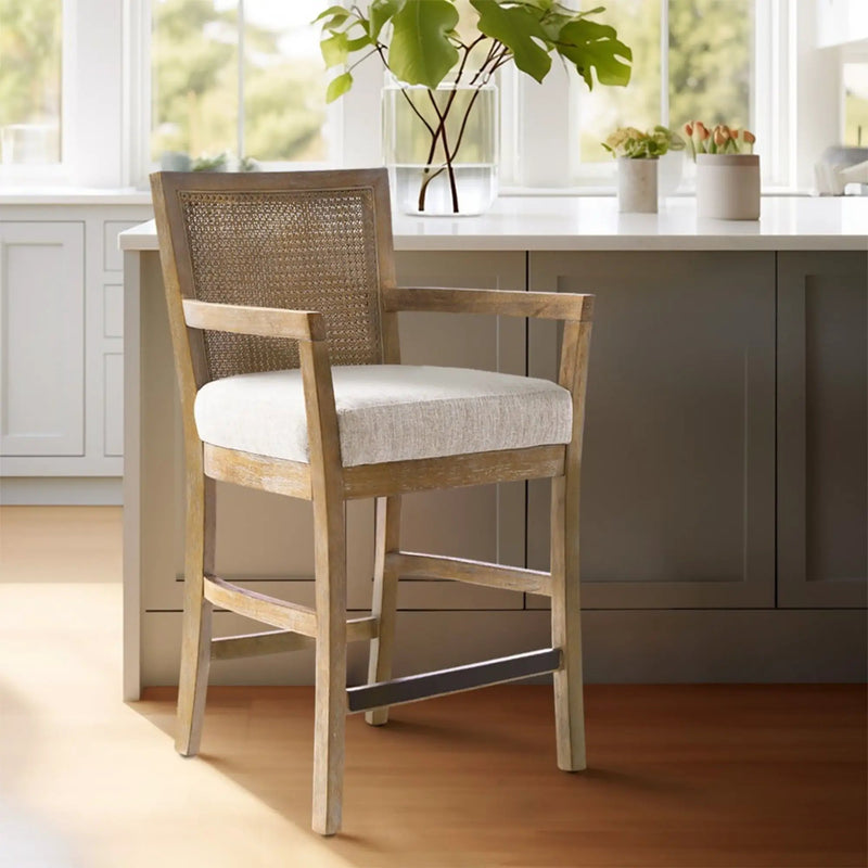 Cane Back Counter Stool With Upholstered Seat - Cream / Reclaimed Natural by Unique Piece Furniture
