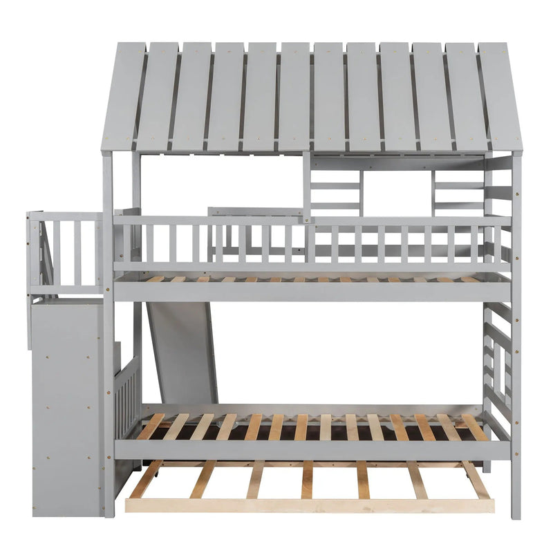 House Bunk Bed With Trundle, Storage Staircase, Roof And Window Design by HouseOfZazla