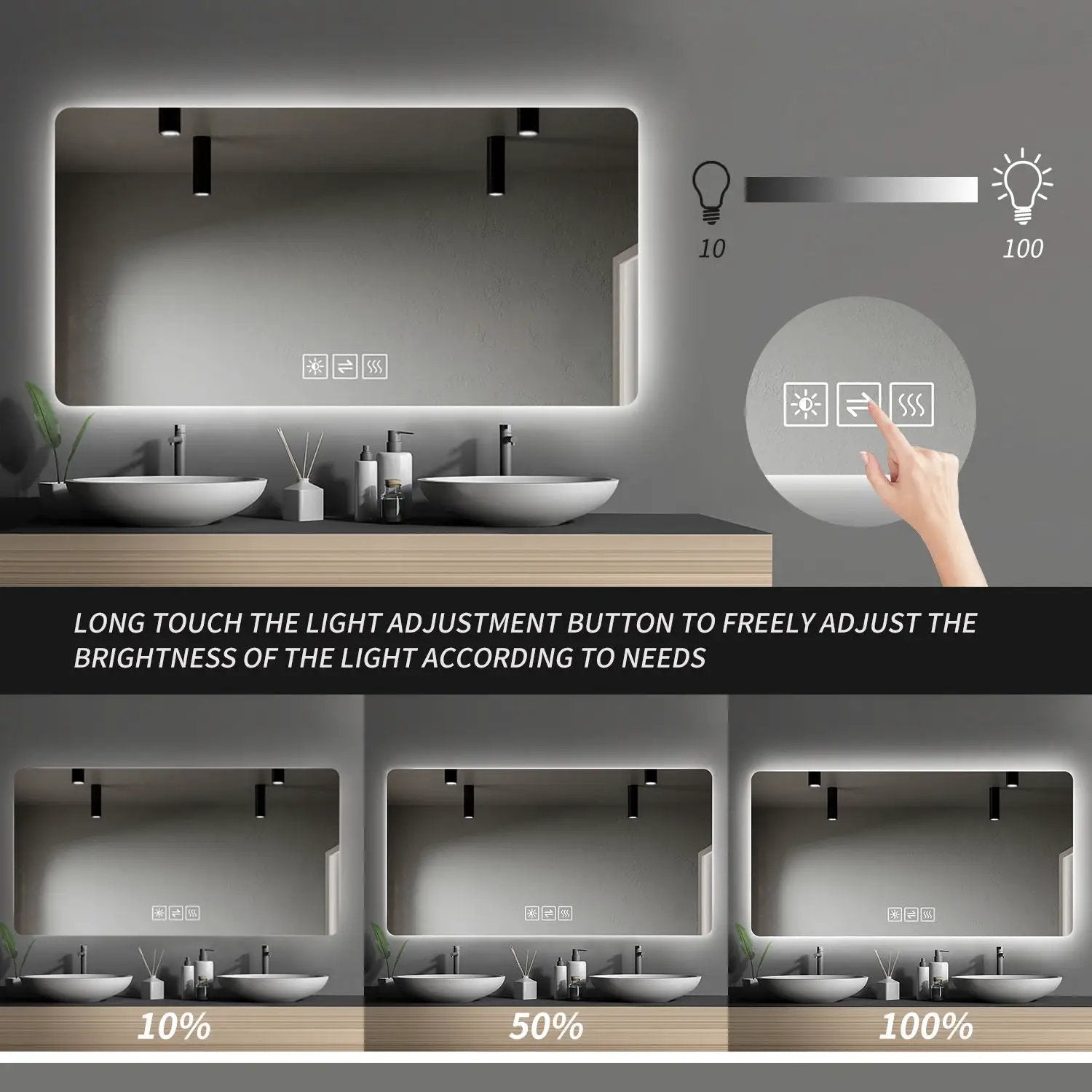 28" Bathroom Mirror With LED Lights Front And Backlit, Anti-Fog Lighted Vanity Mirrors For Wall Mounted And 5 Level Dimmable, Horizontal / Vertical - Clear by Unique Piece Furniture