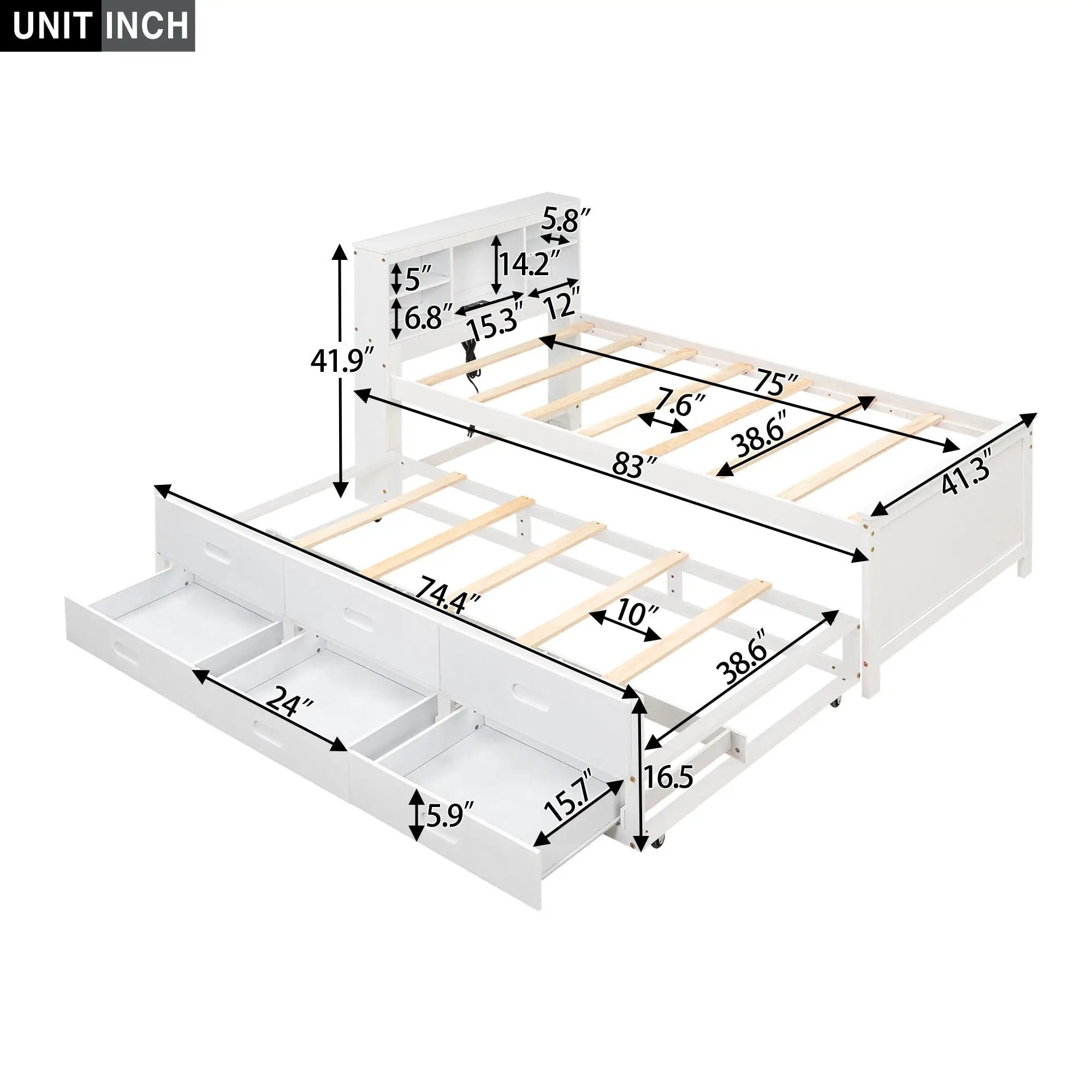 Platform Bed With Storage Headboard, USB, Trundle And 3 Drawers