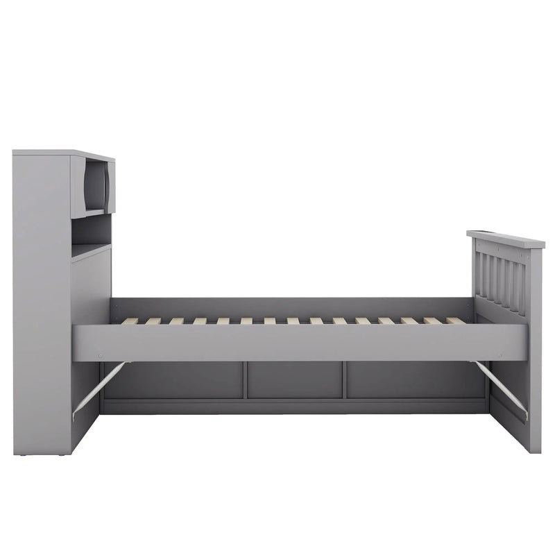 Captain Platform Bed Frame With Storage Bookcases, Shelves, And 4 Drawers
