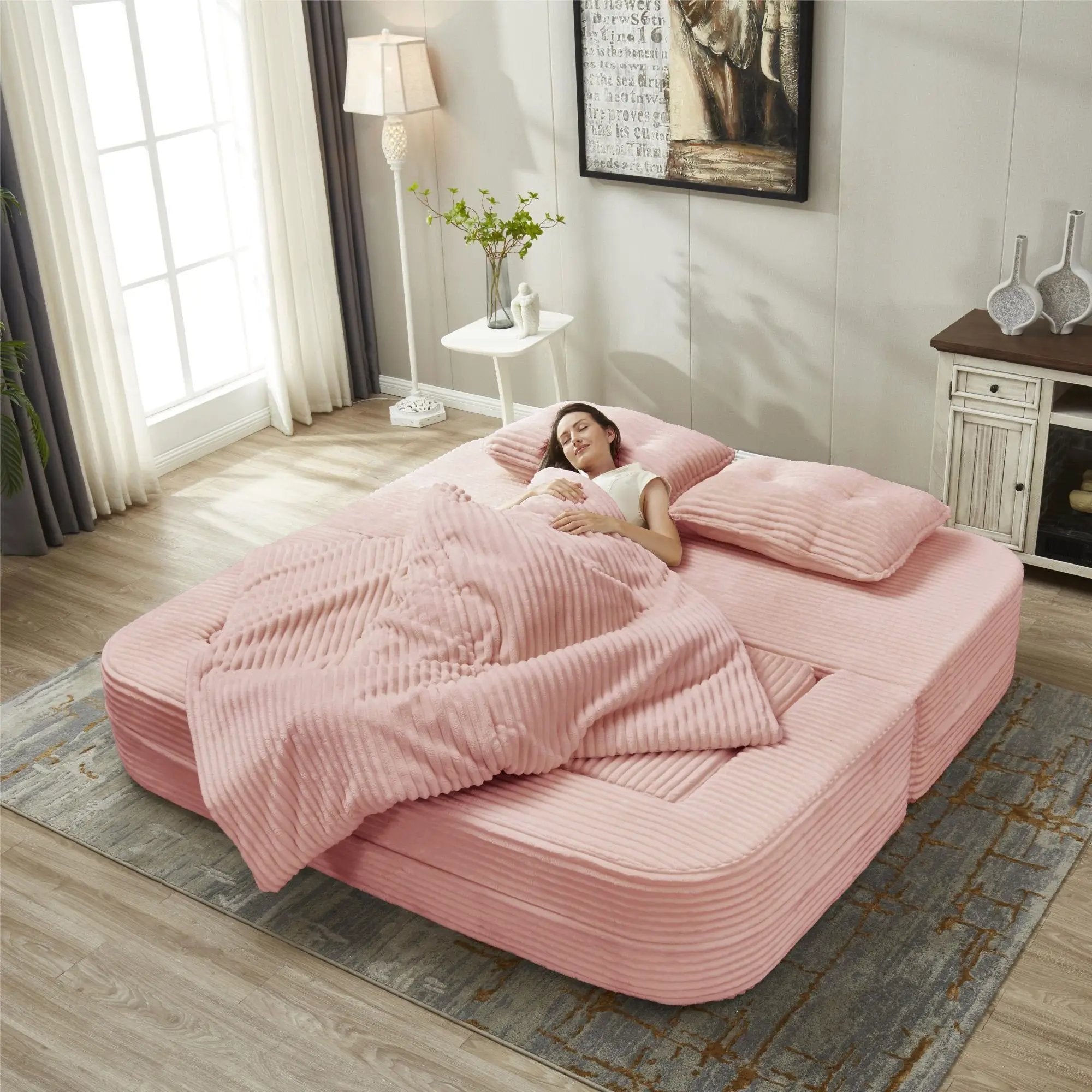 Multi Functional Sectional Sofa Bed With Independent Chaise Lounge And Functional Blanket, Convertible King Size Bed, Deep Seat - Baby Pink by HouseOfZazla