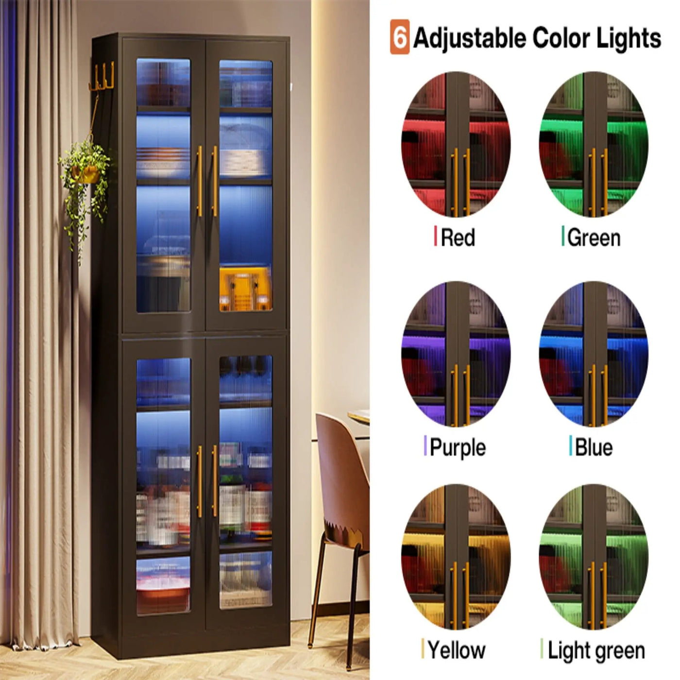 Bookcase With Doors And LED Lighting, 8 Adjustable Shelves Storage Cabinet by HouseOfZazla