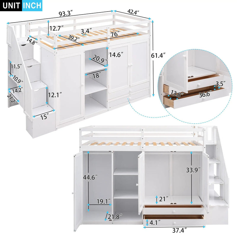 Loft Bed With 3 Shelves, 2 Wardrobes, 2 Drawers, Ladder Storage by Unique Piece Furniture