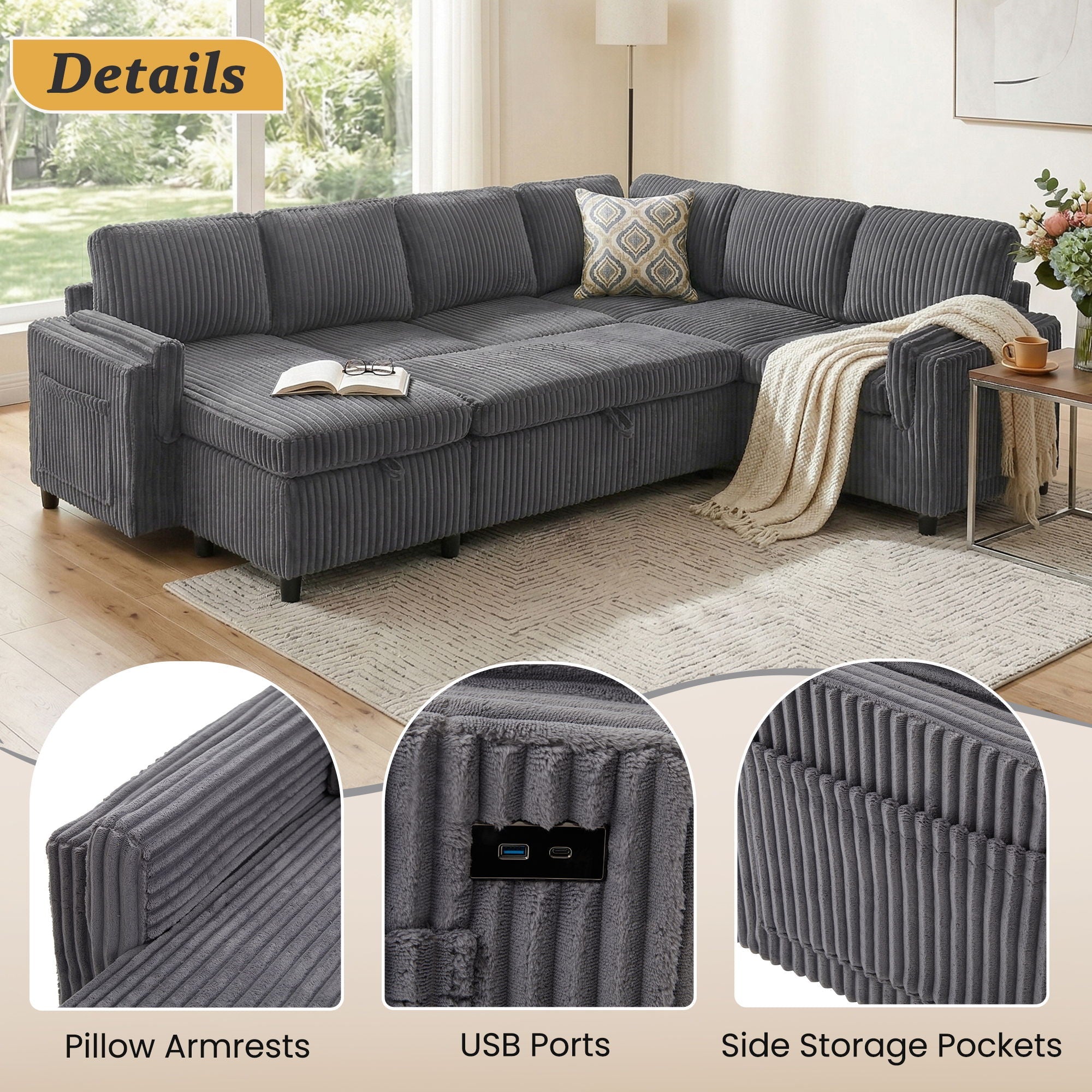 Convertible U-Shaped Sectional Sofa Bed With USB Ports And Storage by HouseOfZazla