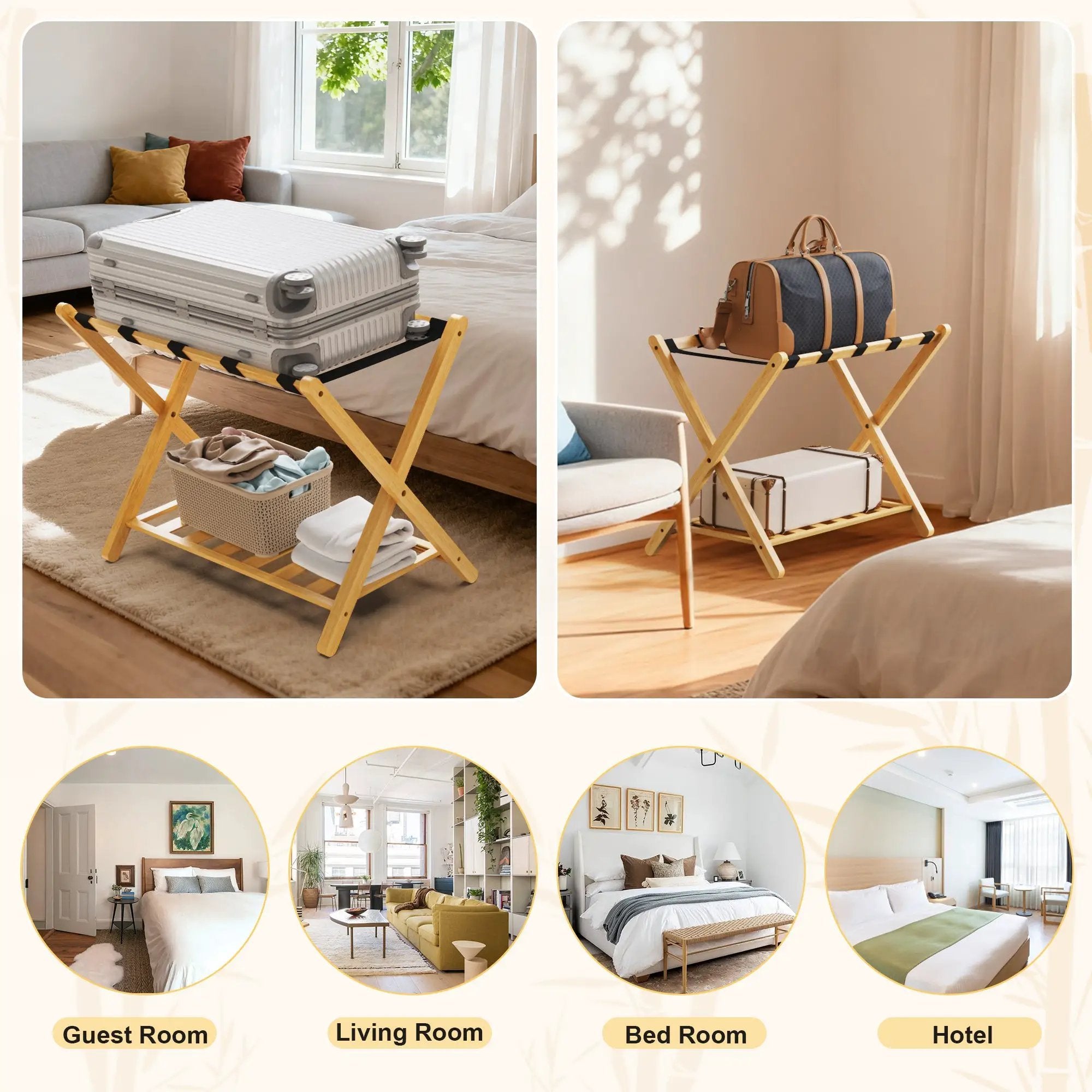 Folding Bamboo Luggage Rack with Lower Storage Shelf by HouseOfZazla