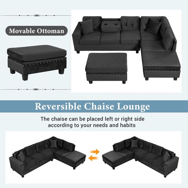 Modern Sectional Sofa With Storage Ottoman, L - Shape Couch With 2 Pillows And Cup Holders by HouseOfZazla