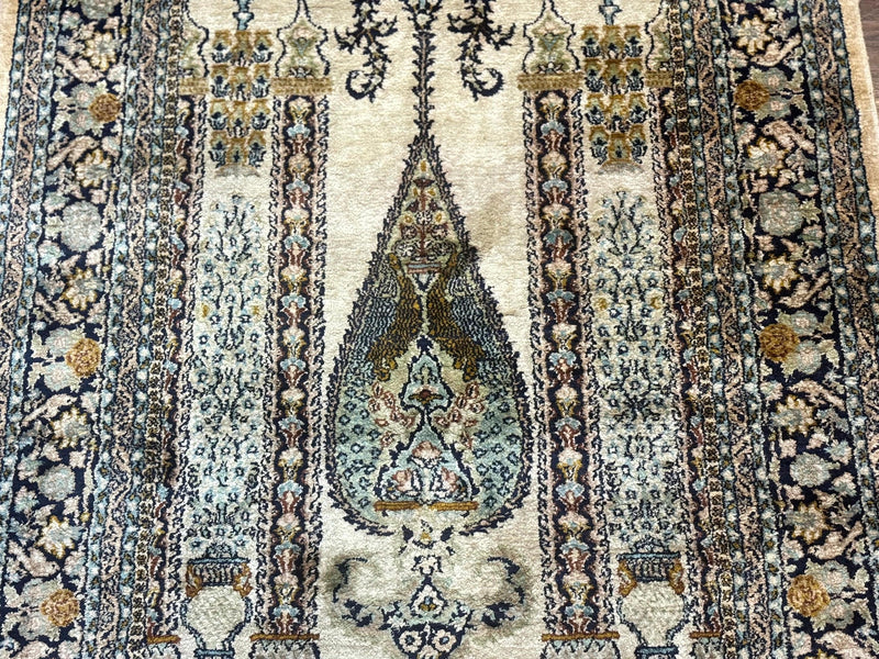 Silk Indian Kashmiri Rug 3x4, Very Fine 400 KPSI, Silk Prayer Rug, Handmade by Jewel Rugs