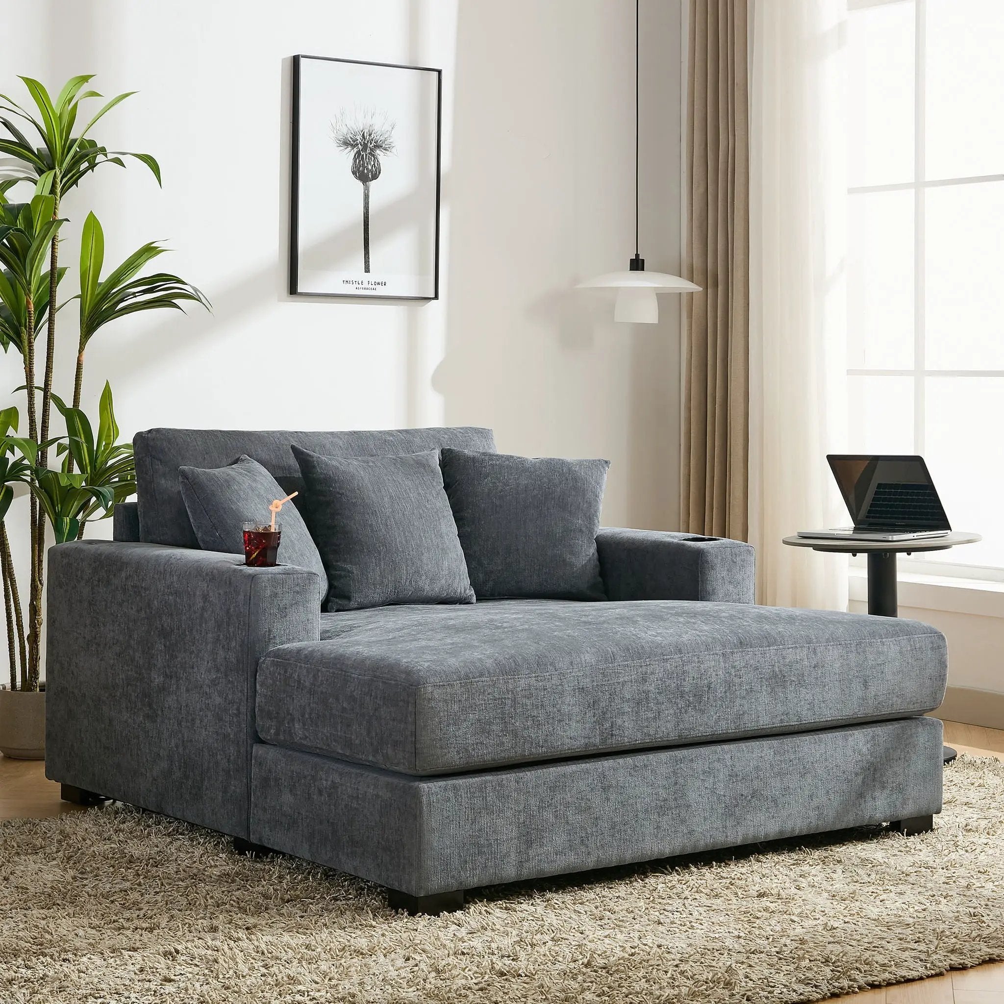 Oversized Chaise Lounger Modern Style Sofa Couch, With Pillows, Charge Station & Cup Holders by Unique Piece Furniture