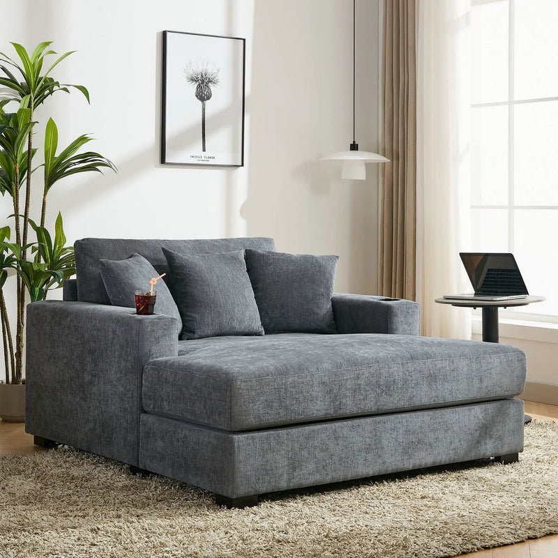 Oversized Chaise Lounger Modern Style Sofa Couch With Pillows, Charge Station & Cup Holders by HouseOfZazla