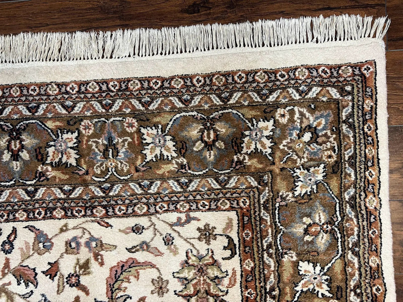 Indo Kirman Rug 8x12 Allover Floral Design, Ivory/Cream Brown, Vintage Handmade Hand Knotted Rug, Traditional Wool Persian Carpet 8 x 12 by Jewel Rugs