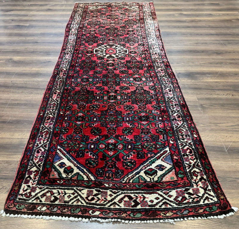 Persian Runner Rug 3x10, Wool Hand Knotted Hallway Rug 3 x 10 ft, Red and Ivory, Hamadan Angelas Runner by Jewel Rugs