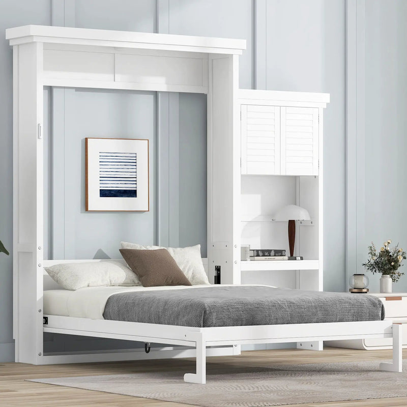 Queen Size Murphy Bed With Louvered Design And Multiple Storage Shelves - White by HouseOfZazla