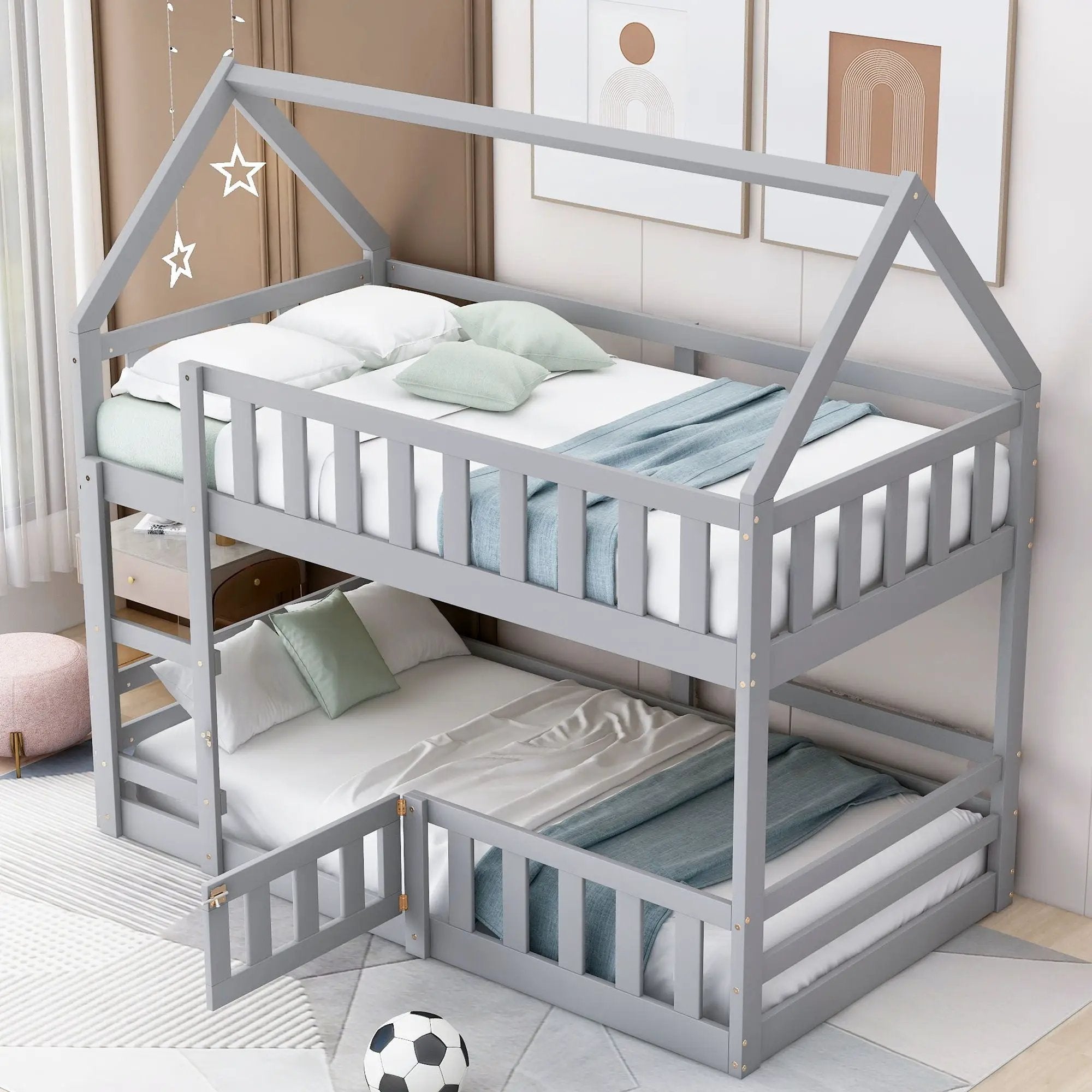 Twin Over Twin House Bunk Bed With Fence And Door by HouseOfZazla