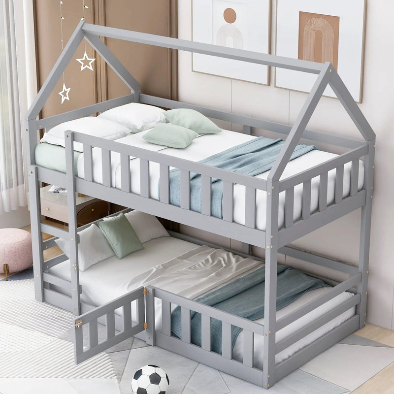 Twin Over Twin House Bunk Bed With Fence And Door by HouseOfZazla
