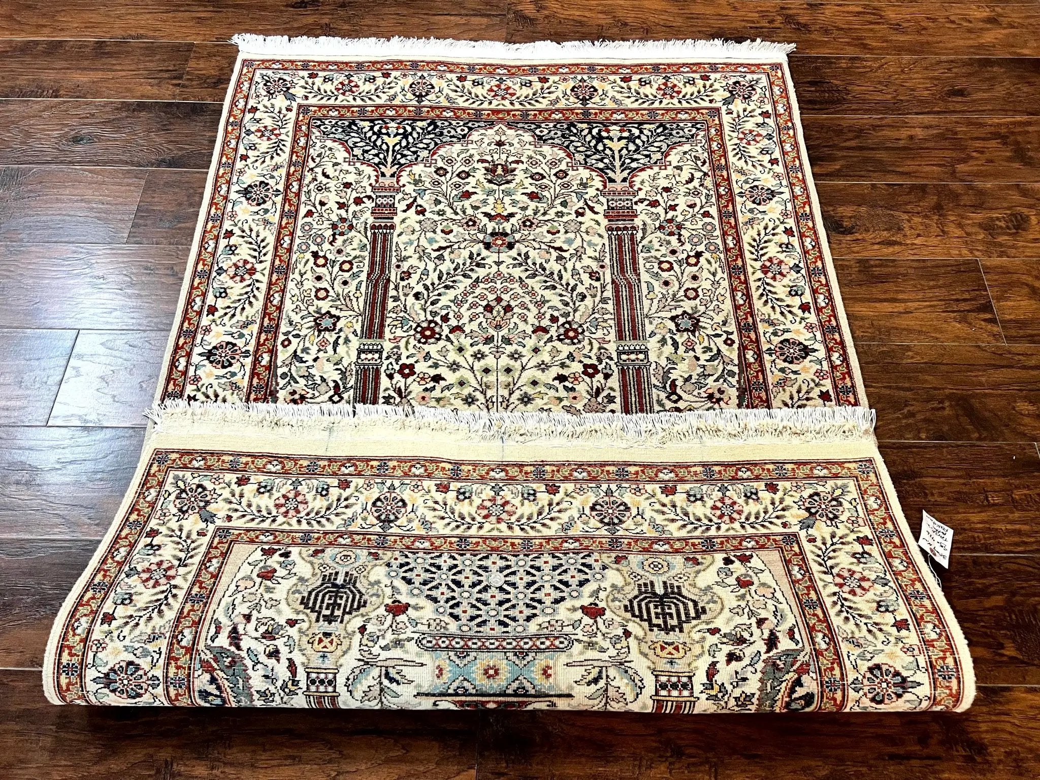 Pak Perisan Prayer Rug 4x6, Tree of LIfe Carpet, Handmade Vintage Wool Rug, Beige, Floral Vases by Jewel Rugs