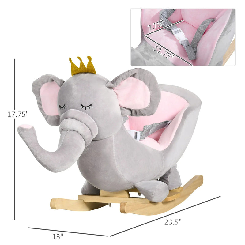 Qaba - Baby Rocking Horse Elephant Rocking Chair Toddler Rocker Toy With Sound Wooden Base Seat Safety Belt For 1.5-3 Year Old - Gray by Unique Piece Furniture