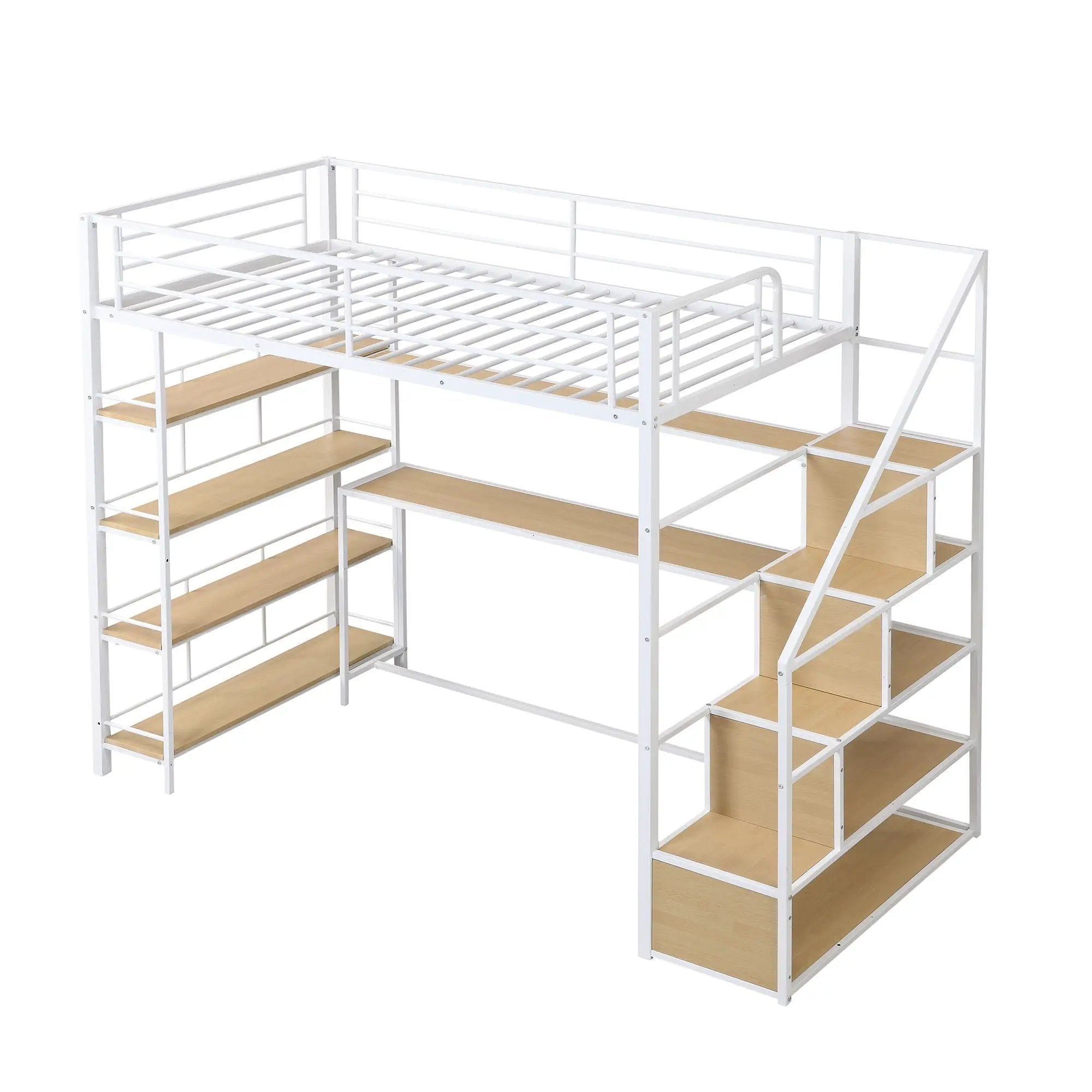 Twin Size Loft Bed With Built In Desk, Staircase Storage & 4 Tier Shelves - White by Unique Piece Furniture