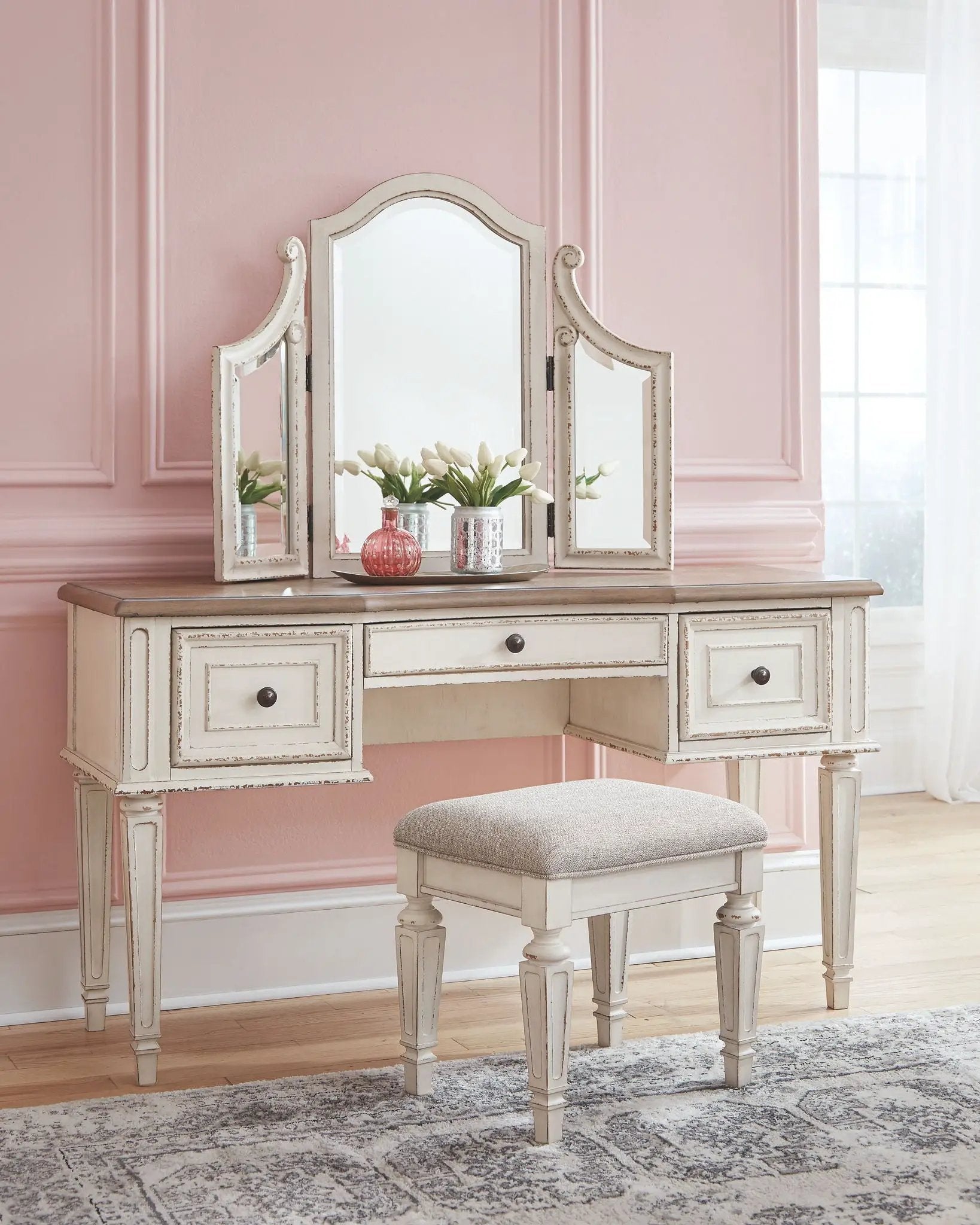 Realyn - Vanity/Mirror/Stool (Set of 3) - White / Brown / Beige by Unique Piece Furniture