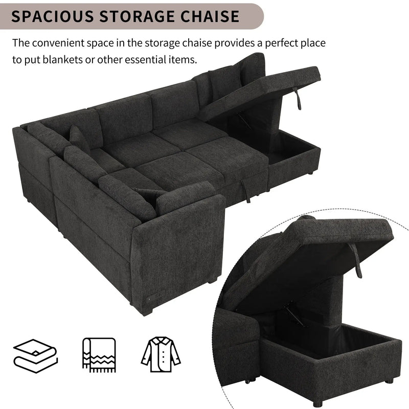 U-Shaped Sectional Sofa Pull Out Sofa Bed With Two USB Ports, Two Power Sockets, Three Back Pillows And A Storage Chaise For Living Room by HouseOfZazla