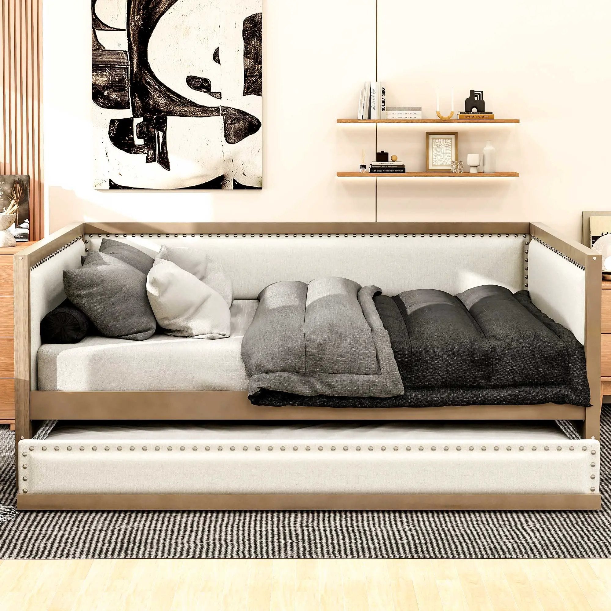 Full Size Daybed With Trundle And Nailhead Decoration - Wood by HouseOfZazla